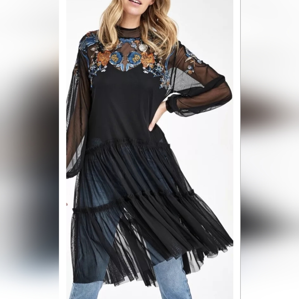 Free People Black Floral Embroidered Midi Dress - Picture 2 of 16